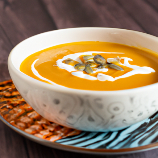 Creamy butternut squash soup garnished with a drizzle of cream and toasted pumpkin seeds.