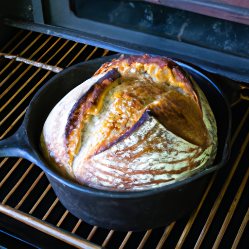A freshly baked loaf of bread with a crispy crust, baked in a Dutch oven.