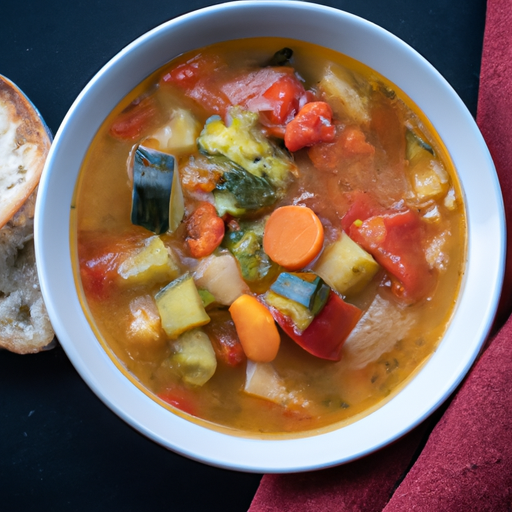 A bowl of hearty vegetable soup filled with colorful vegetables and served with crusty bread.